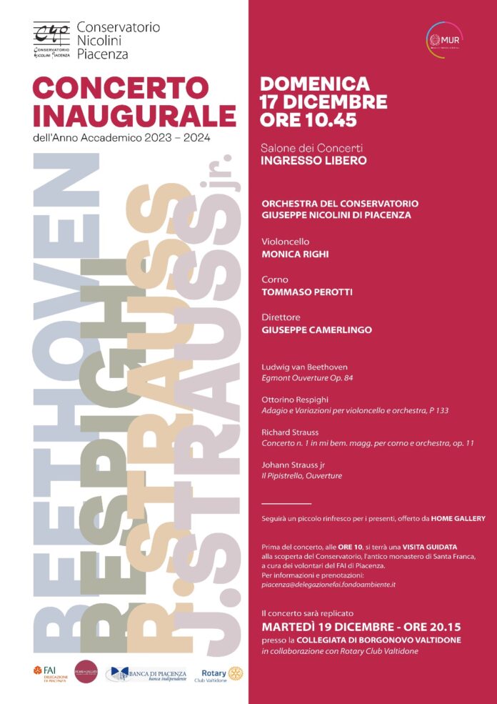 Concerto Inaugurale: Musiche di Beethoven e Strauss | Conservatorio Nicolini Piacenza: Domenica 17 Dicembre 2023
