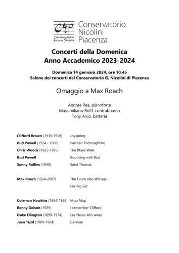 Concerto della Domenica in omaggio a Max Roach | Conservatorio Nicolini Piacenza: Domenica 14 Gennaio 2024 