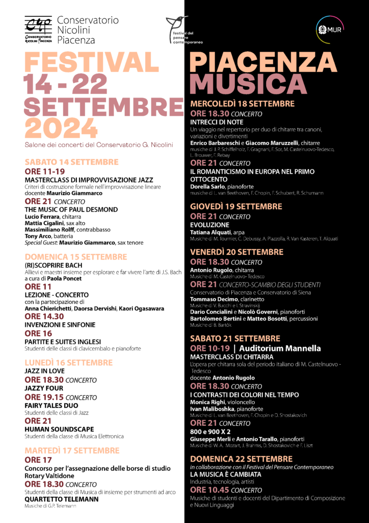 Torna il Festival Piacenza Musica | Conservatorio Nicolini Piacenza: 14-22 Settembre 2024